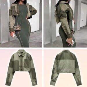 ZARA Cropped Patchwork Shirt Sz XS Green